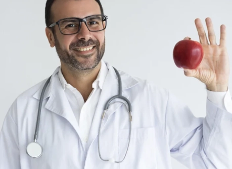 врач держит яблоко в руке