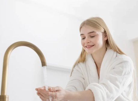 девушка убирает отеки с лица с помощью холодной воды