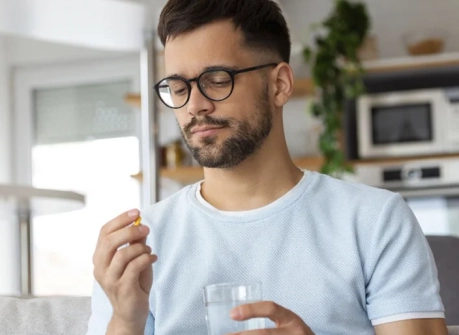 мужчина принимает капсулу витамина D